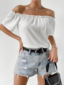 Chiquease 一字肩褶邊襯衫 - 白色 - 查看 5