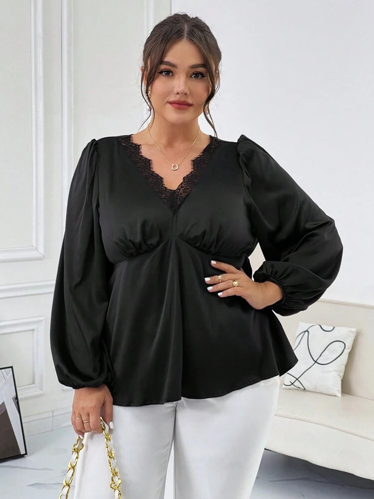 Plus Size Women's Lace Trimmed Ruffle Hem Blouse