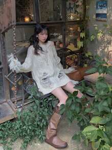 Women's Long Sleeve Distressed Sweater - White - View 1