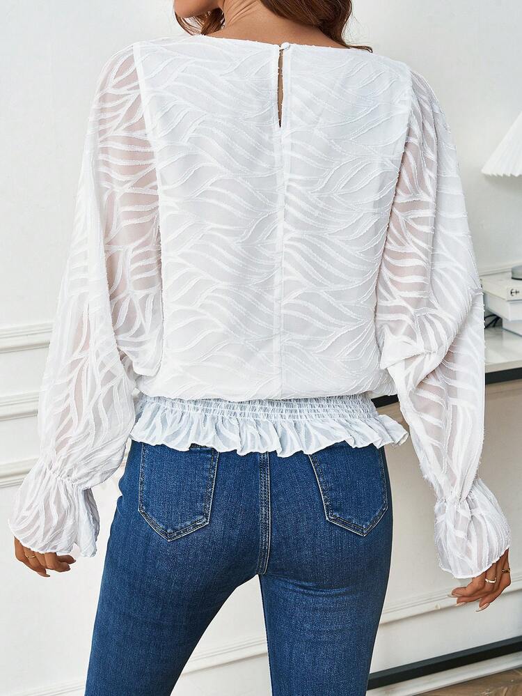 Solid Color Ruffle Sleeve Textured Shirt