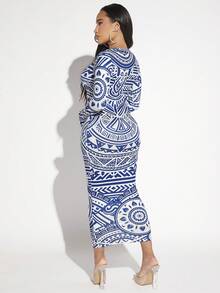 SHEIN SXY Allover Print Scoop Neck Bodycon Dress - Blue - View 3