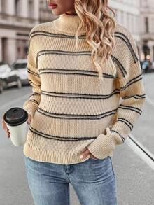 SHEIN Essnce Cổ cao Thả vai Sọc Áo len - Màu Khaki - Xem 4