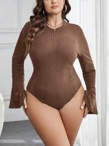 SHEIN Privé Plus Size Women'S Ribbed Bodysuit With Flare Sleeves - Coffee Brown - View 4