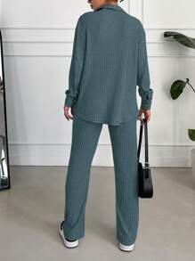 SHEIN Cottnline Cotton Ladies' Solid Color Ribbed Crop Top And Wide Leg Pants Two Pieces Set - Teal Blue - View 2