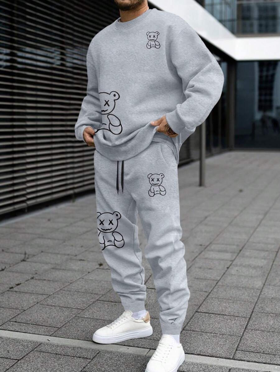 Manfinity Homme Men's Bear Printed Drop Shoulder Hoodie And Sweatpants Set, Men 2 Pieces Sweatsuit Set, Men Jogger Set, Men Casual Two Pieces Set