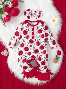 嬰幼兒女裝花印連體褲,帶有蕾絲和色塊細節設計和髮箍 - 彩色 - 查看 1