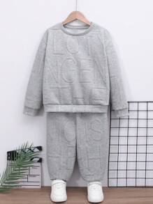 SHEIN 1pc Tween Girls' Letter Embossed Sweatshirt And 1pc Jogger Pants Set - Grey - View 3
