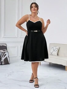 SHEIN Privé 女款大尺碼鑲邊細肩帶連身裙 - 黑與白 - 查看 4