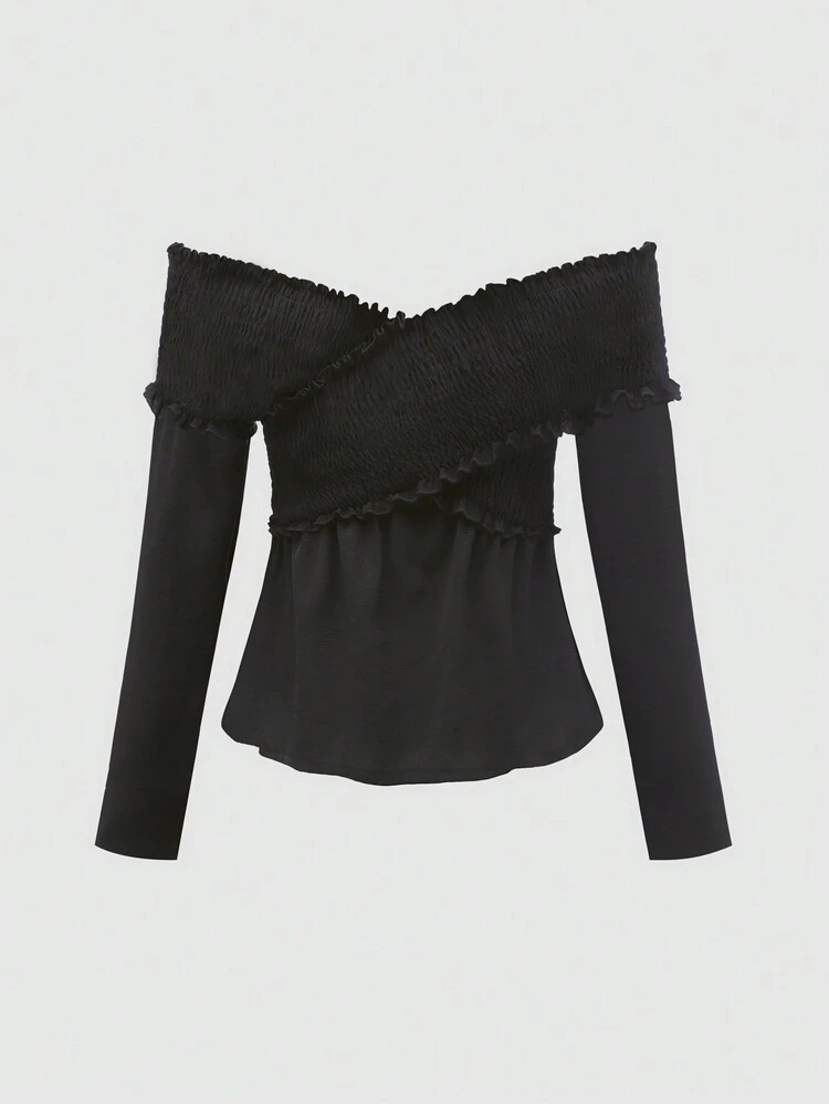 Cross Wrap Crop Top With Flounced Panel And Off-shoulder Design