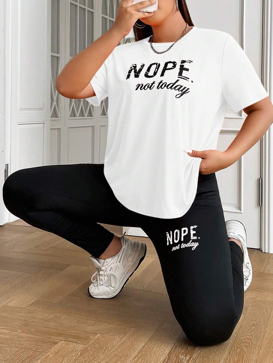 SHEIN EZwear Plus Size Slogan Print Short Sleeve T-shirt And Leggings ...