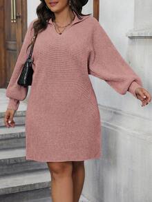 Calvaya 大尺碼v領花燈袖毛衣裙 - 粉色 - 查看 3