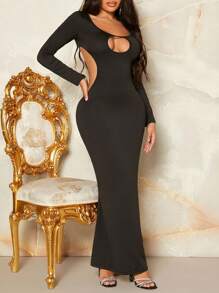 SHEIN SXY 女士空心修身無背洋裝 - 黑色 - 查看 5