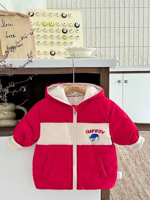 Baby Boys' Colorblock Cartoon Letter Pattern Hooded Down Jacket