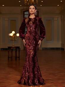 Lantern Sleeves Mermaid Hem Sequin Formal Dress - Burgundy - View 6