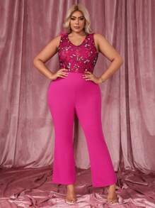 SHEIN SXY Plus Floral Embroidered Mesh Panel Flare Leg Jumpsuit - Hot Pink - View 7