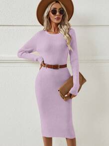 SHEIN LUNE Turtle-neck Fine Rib Knit Slim Fit Long Sleeve Sweater Dress - Pink - View 1