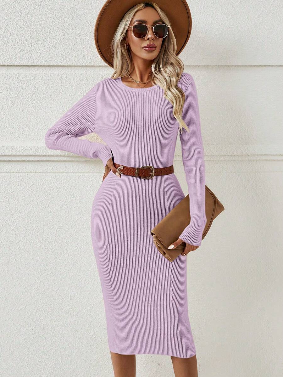 SHEIN LUNE Turtle-neck Fine Rib Knit Slim Fit Long Sleeve Sweater Dress - Pink - View 1