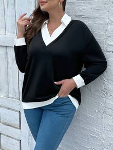 SHEIN LUNE 女性大碼2合1運動衫 - 黑與白 - 查看 3