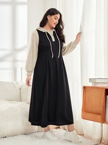 Mulvari 女士加大碼色塊拉繩連帽裙 - 杏色 - 查看 3