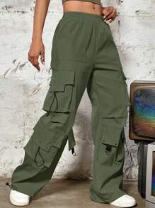 松紧腰口袋宽松阔腿直筒工装裤 - 軍綠色 - 查看 1