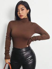 SHEIN Essnce Women'S Solid Color Pleated Bodysuit - Coffee Brown - View 6