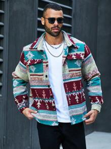 Extended Sizes Men's Plus Size Geometric Print Button Front Woolen Coat