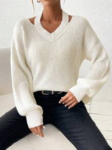 SHEIN LUNE Solid Color Hollow Out Casual Sweater With Drop Shoulder