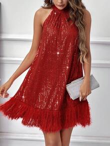 SHEIN Clasi Không tay Vá lại Frayed & Long lanh Halter Neck Đầm - Đỏ - Xem 4