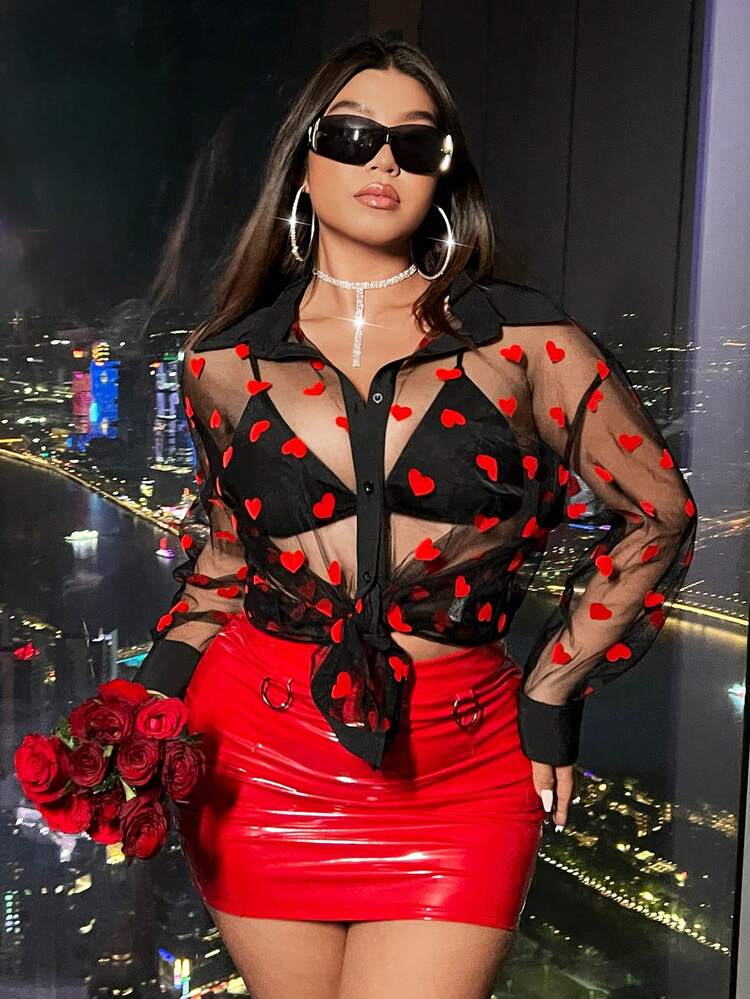 Plus Size Love Mesh See-Through Shirt