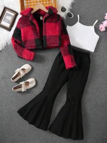 Teen Girls' Solid Color Halter Top, Flare Pants & Plaid Coat 3pcs Set - Red - View 1