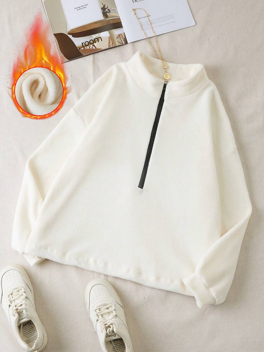 SHEIN LUNE Của phụ nữ Dây kéo nửa Sang trọng Áo nỉ - Màu be - Xem 1