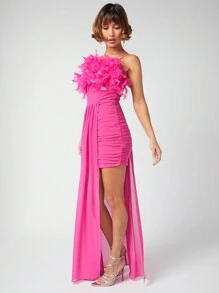 SHEIN Unity Faux Feather Ruched Side Draped Dress