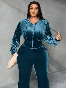 Slaydiva Plus Size Velvet Hooded Jacket And Pants Tracksuit With Zipper - Blue - View 4