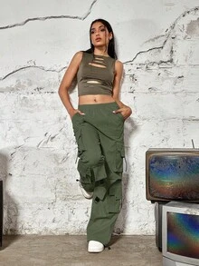 松紧腰口袋宽松阔腿直筒工装裤 - 軍綠色 - 查看 5