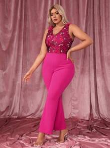 SHEIN SXY Plus Floral Embroidered Mesh Panel Flare Leg Jumpsuit - Hot Pink - View 6