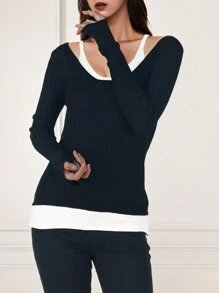 拼色對比長袖2合1毛衣 - 黑色 - 查看 3