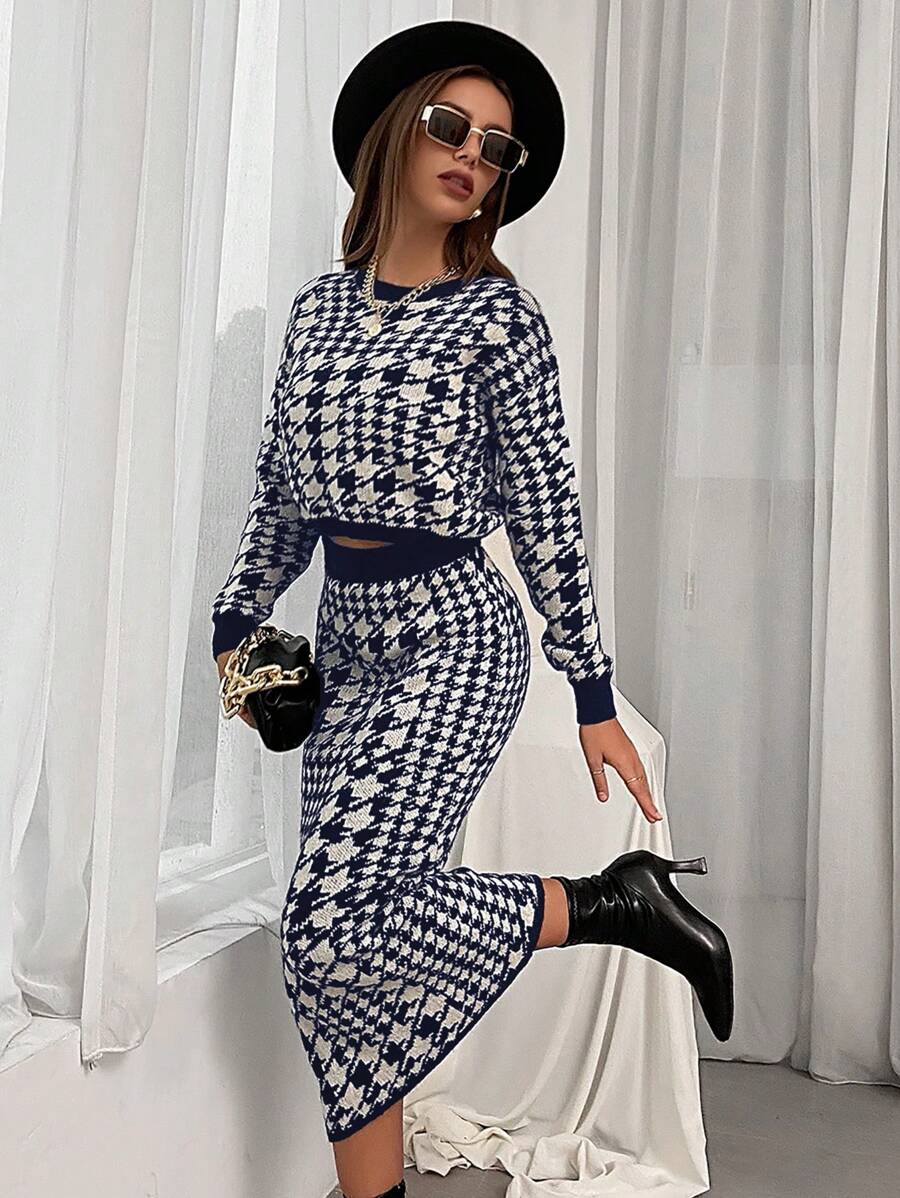 Modelyn Của phụ nữ Đồ họa Houndstooth Áo len Và Váy len nửa mảnh Hai chiếc Bộ - Xanh và trắng - Xem 1