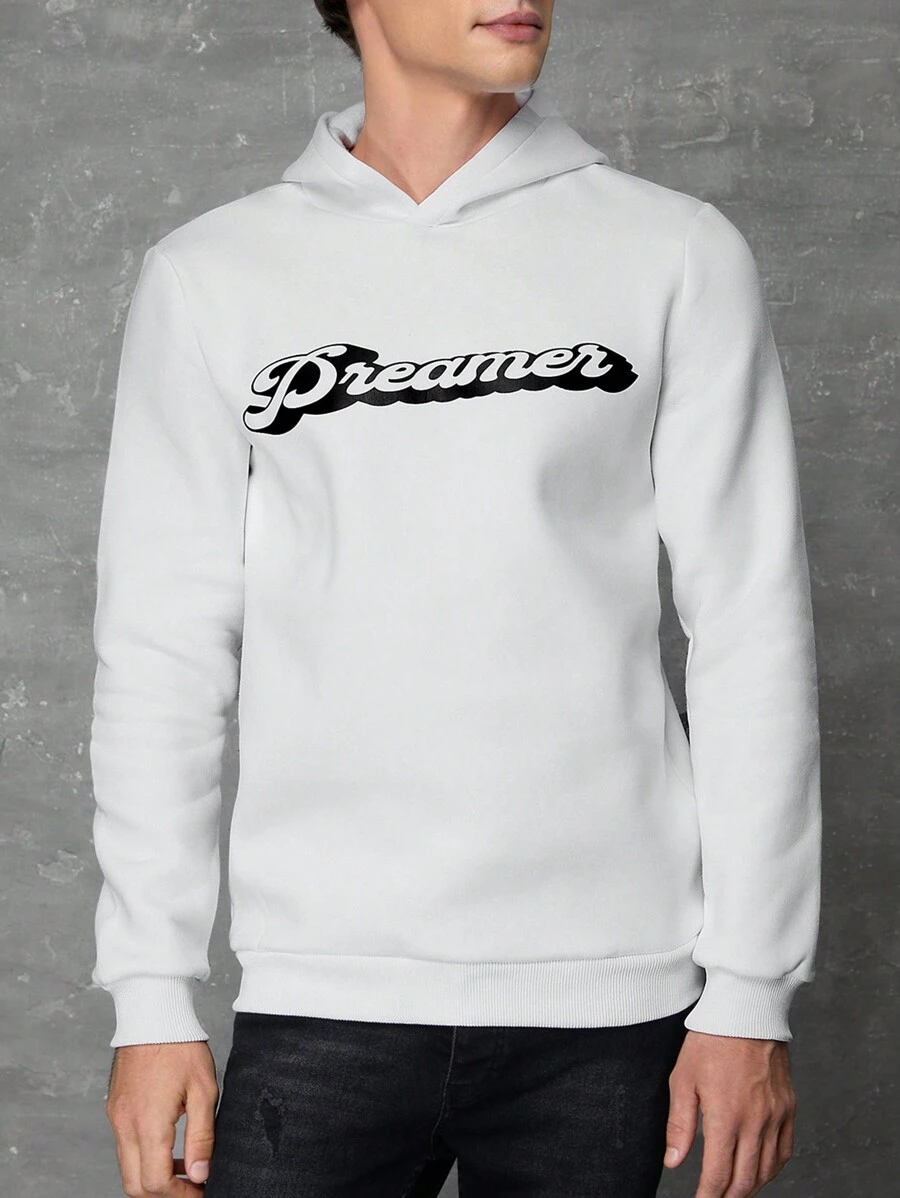 SHEIN Cottnline Men's Letter Printed Hooded Sweatshirt - White - View 1