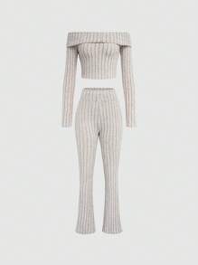 SHEIN Unity Women's Off Shoulder Ribbed Crop Top And Leggings Set - Apricot - View 1