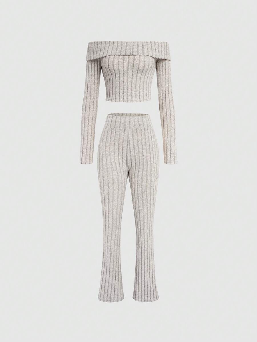 SHEIN Unity Women's Off Shoulder Ribbed Crop Top And Leggings Set - Apricot - View 1