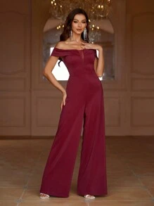 SHEIN Belle Bordeauxrode dames off shoulder jumpsuit met wijde pijpen