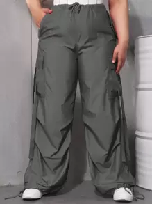 大码女式松紧腰抽绳口袋宽松阔腿工装裤 - 深灰色 - 查看 1