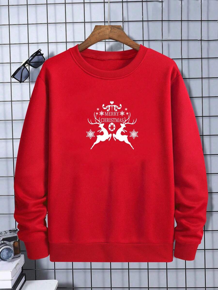 Manfinity Homme 寬鬆款男士聖誕印花絨毛圓領衛衣 - 紅色 - 查看 1