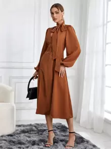 SHEIN Privé Vestido De Manga Farol De Color Liso Para Mujer - Marrón Mocha - Ver 4