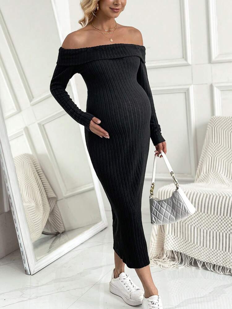 Maternity Off Shoulder Ribbed Bodycon Dress With Long Sleeves
