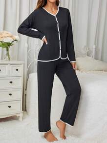 Patchwork Krawędź Długi Rękaw Odzież Domowa Komplety Biżuterii