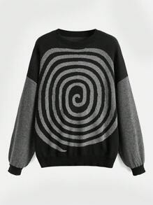 ROMWE Hippie 女士下垂肩毛衣,漩渦圖案和色塊設計 - 黑色 - 查看 1