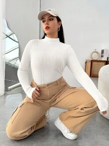 SHEIN EZwear Plus Size Women'S Knitted Ribbed Stand Collar Long-Sleeved T-Shirt - White - View 4