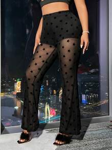 SHEIN ICON 女大尺碼星星提花高腰喇叭褲 - 黑色 - 查看 1