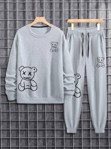 Manfinity Homme Men's Bear Printed Drop Shoulder Hoodie And Sweatpants Set, Men 2 Pieces Sweatsuit Set, Men Jogger Set, Men Casual Two Pieces Set